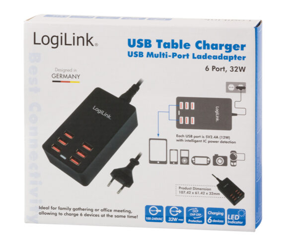 Caricatore da Tavolo a 6 porte USB 32W Nero - immagine 2