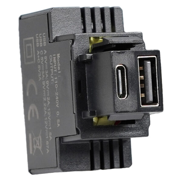 Alimentatore Compatto da Incasso Keystone USB-A e USB-C™ 20W 5-12V Nero