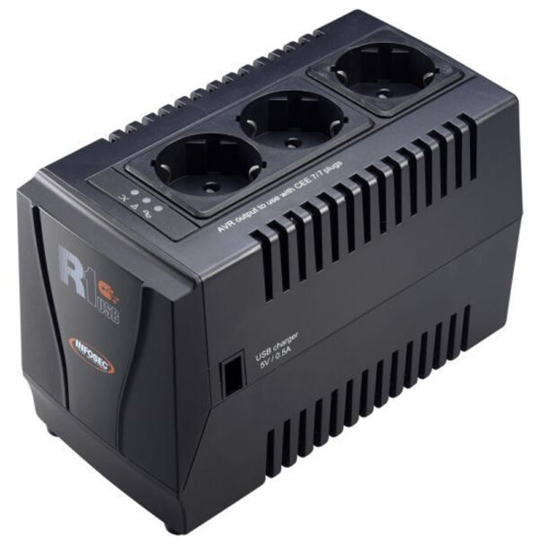 Regolatore automatico di tensione R1 USB 600VA con 3 Prese Schuko Nero - immagine 2