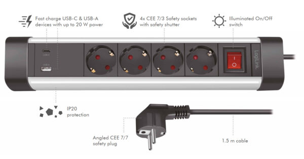 Presa Multipla a 4 vie con Presa USB-C™ PD e USB-A QC per la Ricarica Veloce - immagine 3