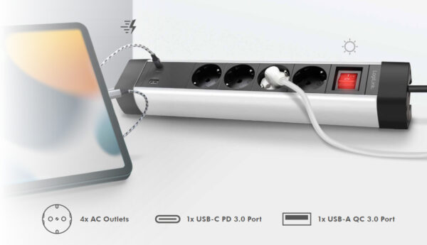 Presa Multipla a 4 vie con Presa USB-C™ PD e USB-A QC per la Ricarica Veloce - immagine 2