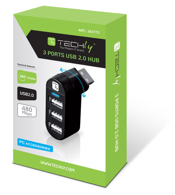 Mini Hub Rotante con 3 Porte USB 2.0 Nero - immagine 2