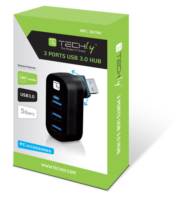 Mini Hub Rotante con 3 Porte USB 3.0 Nero - immagine 2