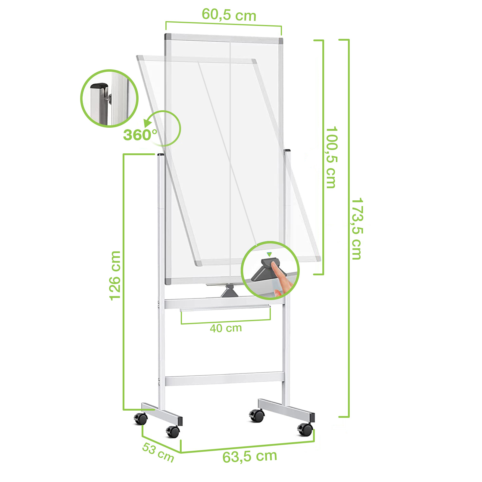 Lavagna Magnetica Bifacciale 60x100 cm con Ruote e Mensola per Pennarelli con Ganci Portablocco - immagine 2