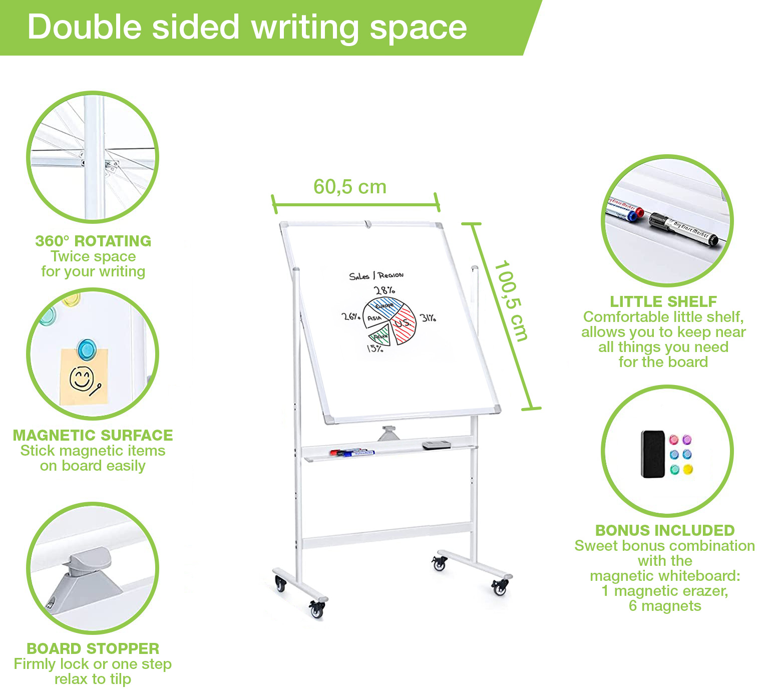 Lavagna Magnetica Bifacciale 60x100 cm con Ruote e Mensola per Pennarelli con Ganci Portablocco - immagine 4
