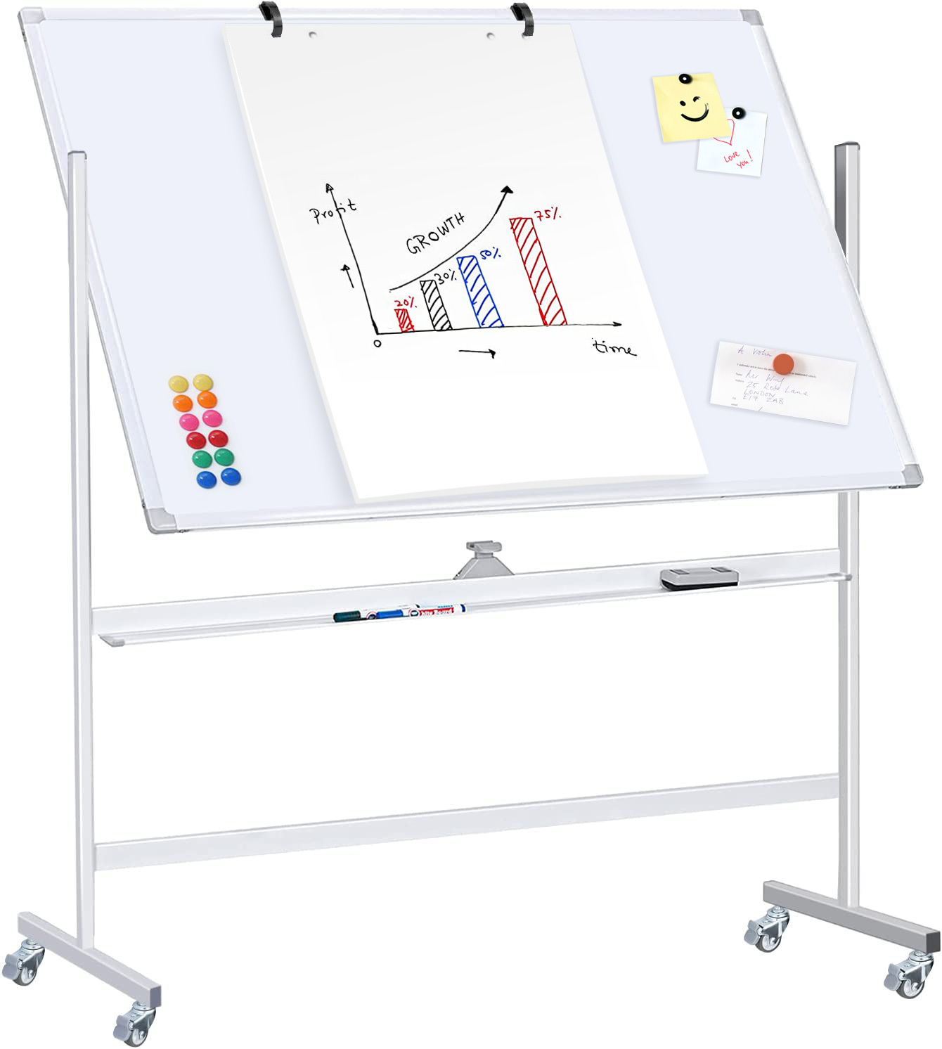 Lavagna Magnetica Bifacciale 90x120 cm con Ruote e Mensola per Pennarelli con Ganci Portablocco