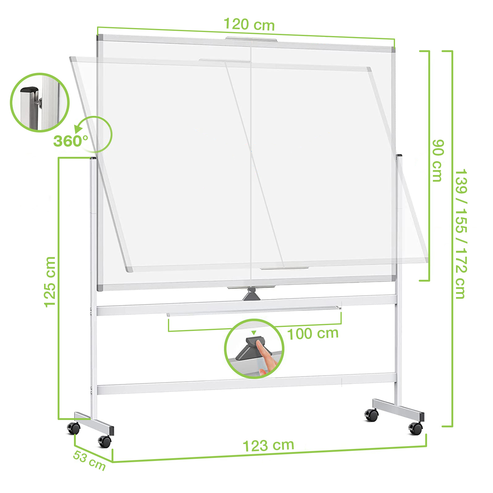 Lavagna Magnetica Bifacciale 90x120 cm con Ruote e Mensola per Pennarelli con Ganci Portablocco - immagine 3