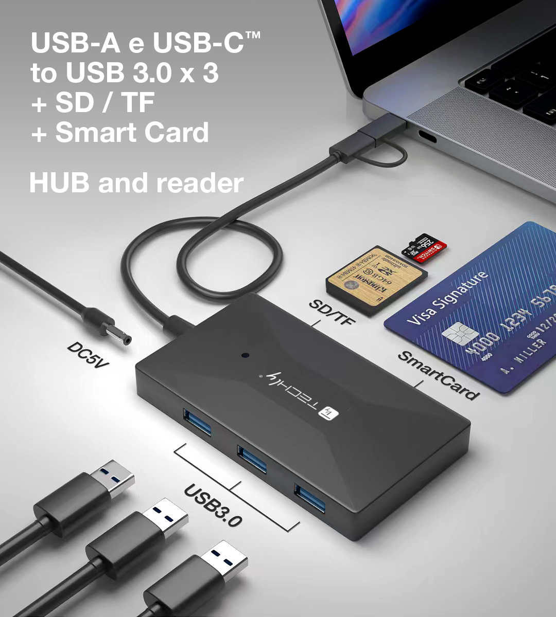 Lettore di Memorie SD/TF Smart Card con Hub 3 Porte USB - immagine 4