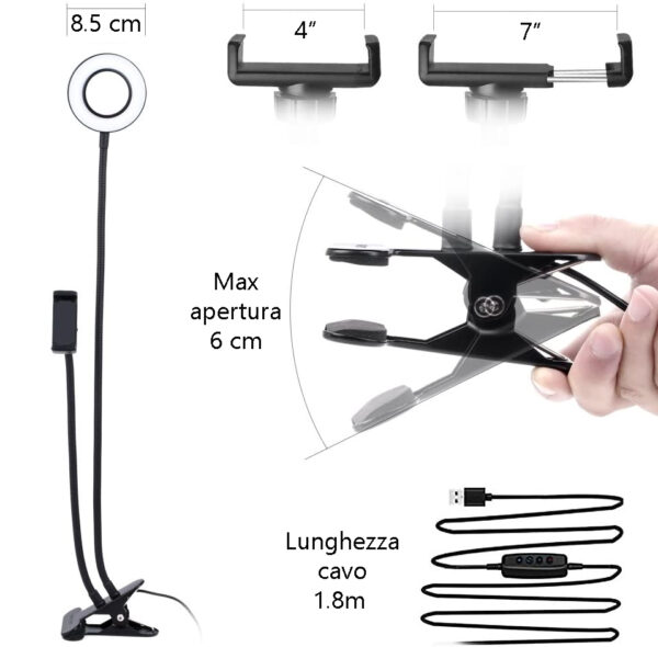 Luce LED Anello Portatile Regolazione Luminosità e Stand Smartphone - immagine 5