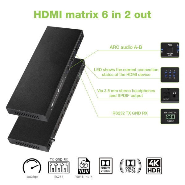 Matrix HDMI 2.0 6X 2 18Gbps 4k@60Hz con Audio e ARC - immagine 8