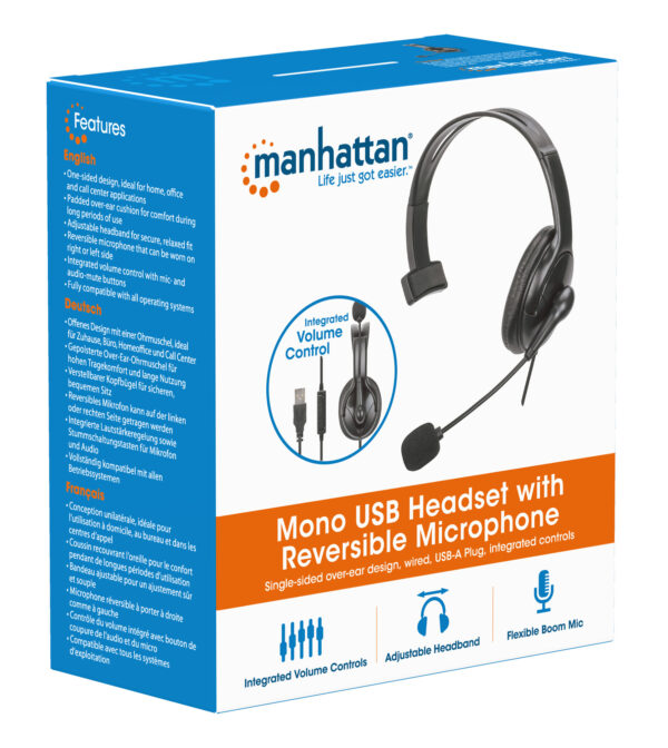 Cuffia Mono USB con Microfono Reversibile Cavo 2m - immagine 2