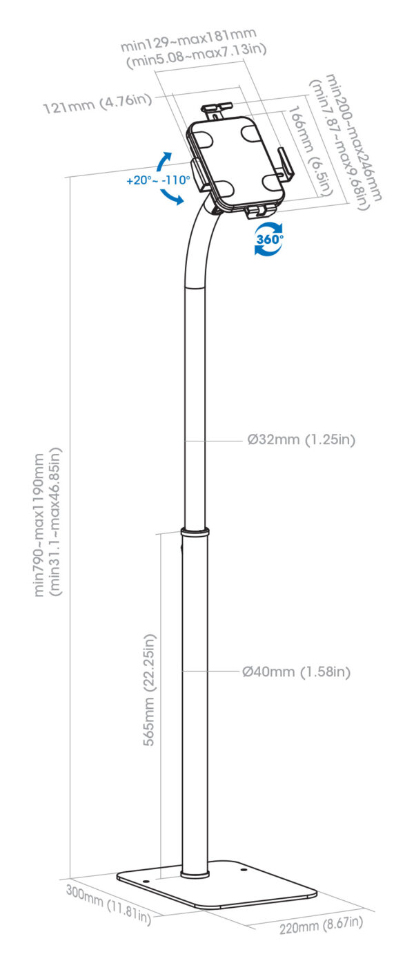 Supporto da Pavimento Antifurto per Tablet 7,9-11'' con Rotazione 360° - immagine 2