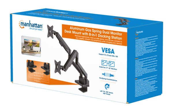 Supporto da Scrivania Doppio Monitor 17-32'' con Molla a Gas e Docking Station 8-in-1 - immagine 2