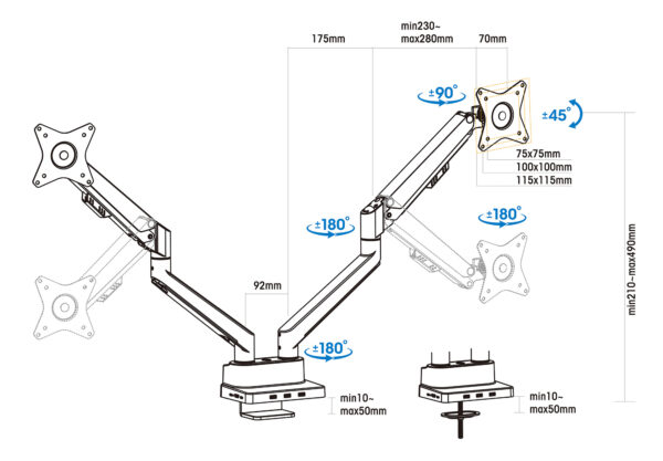Supporto da Scrivania Doppio Monitor 17-32'' con Molla a Gas e Docking Station 8-in-1 - immagine 3