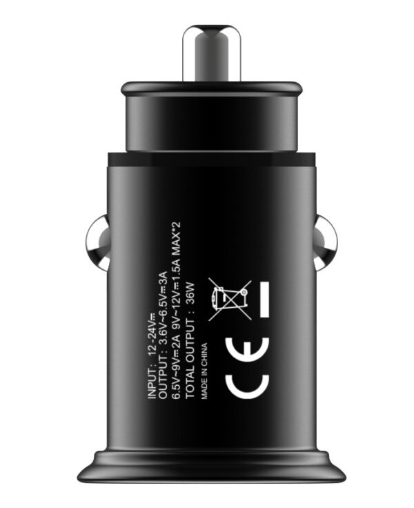Mini Caricatore da Auto 2 Porte USB-A Ricarica veloce 36W Metallo Nero - immagine 4