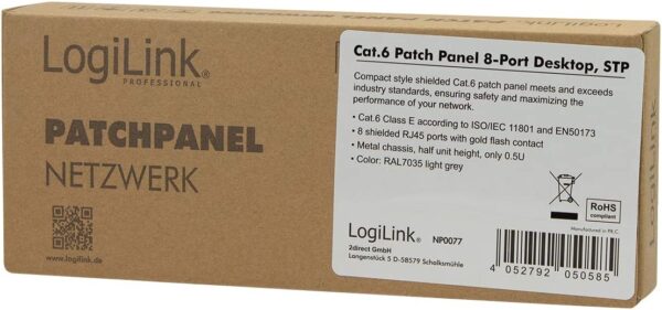 Mini Panello Patch Cat.6,  schermato, 0,5U, 8 Porte, Grigio - immagine 2