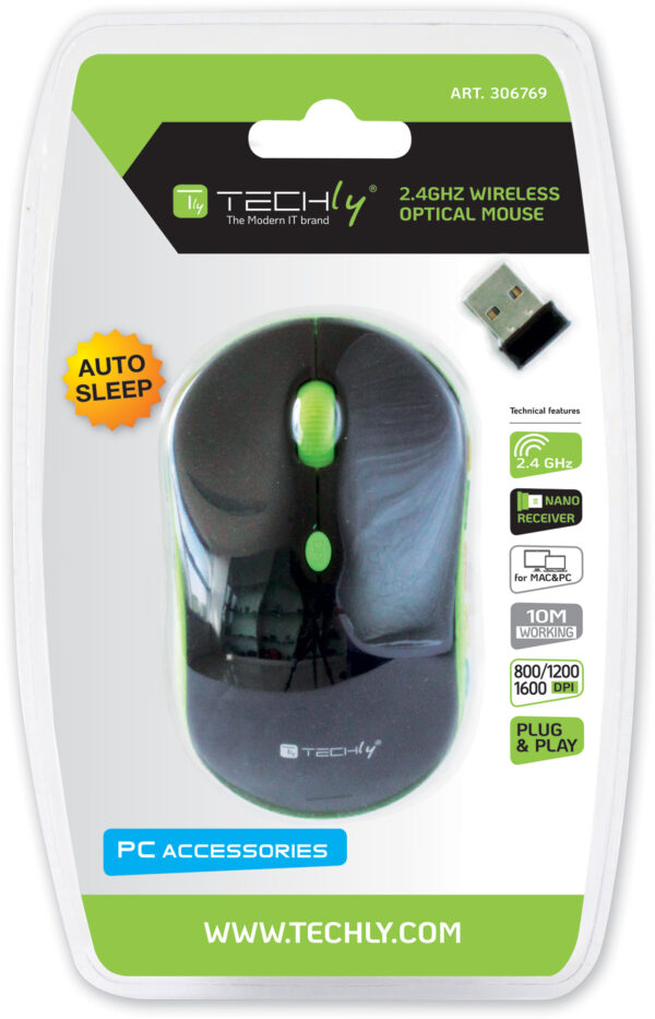 Mouse Wireless 2.4GHz 800-1600 dpi Nero/Verde - immagine 2