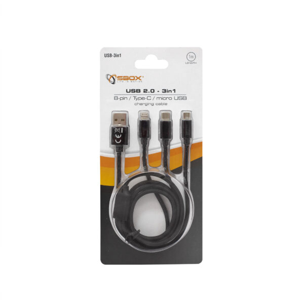 Multi Cavo di Ricarica da USB tipo A a USB-C™ MicroUSB e 8-pin 1m Nero - immagine 2