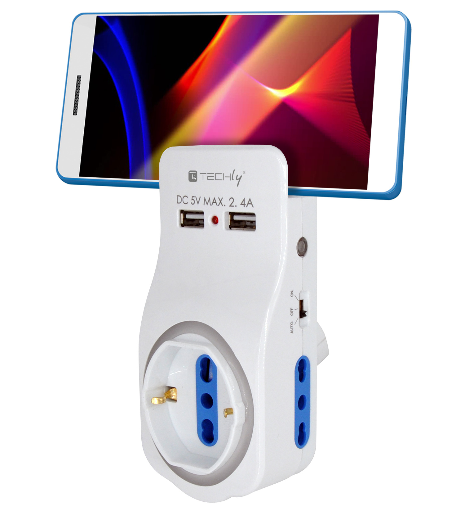 Multipresa 3 Posti e 2 Porte USB con Supporto per Smartphone e Luce Notturna