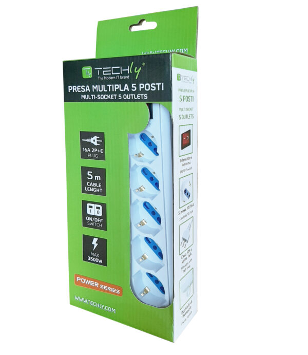 Multipresa 5 Posti Italiana Bipasso / Schuko Cavo 5m - immagine 2