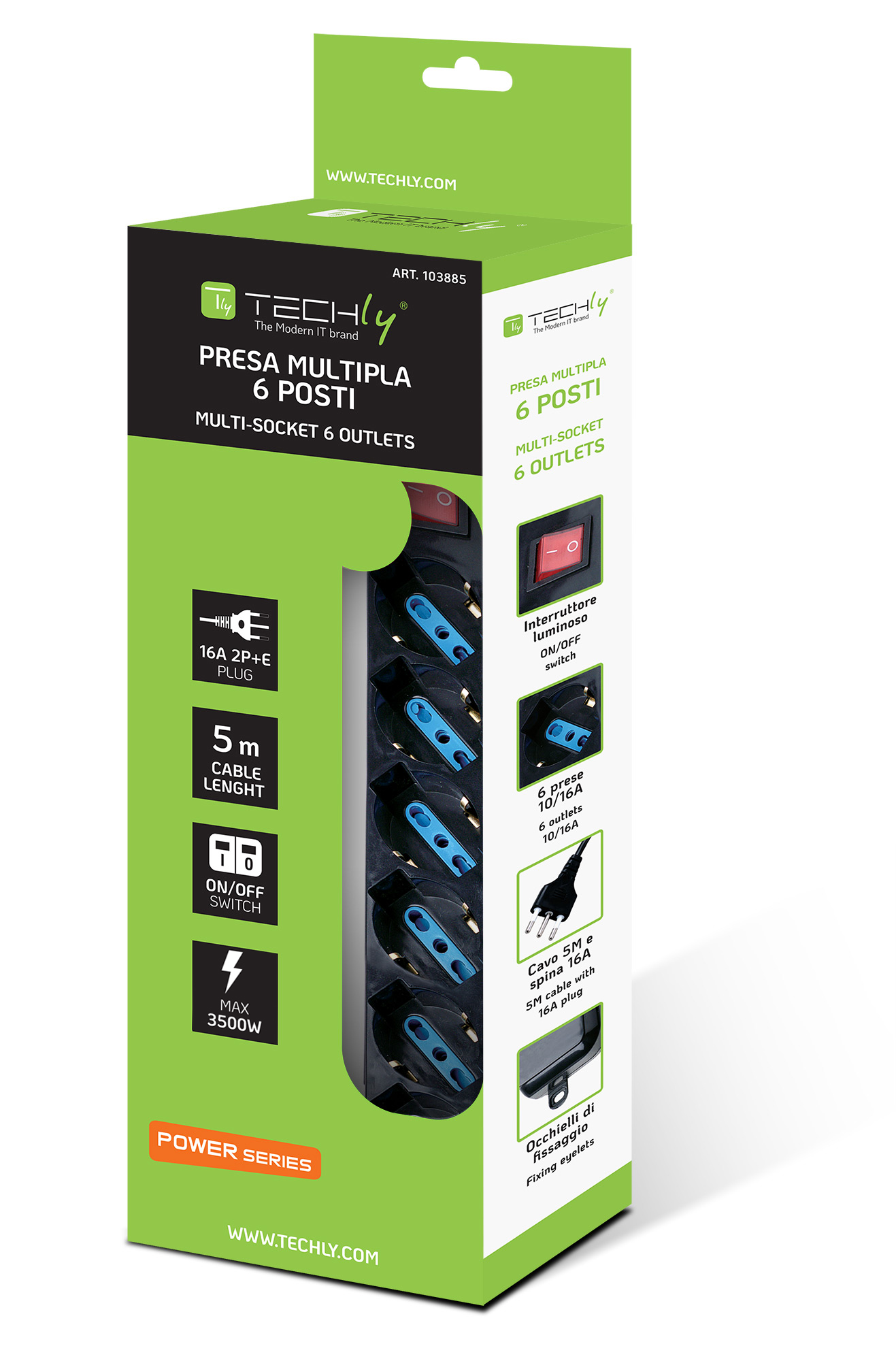 Multipresa 6 Posti Italiana Bipasso con Interruttore Cavo 5m Nero - immagine 2