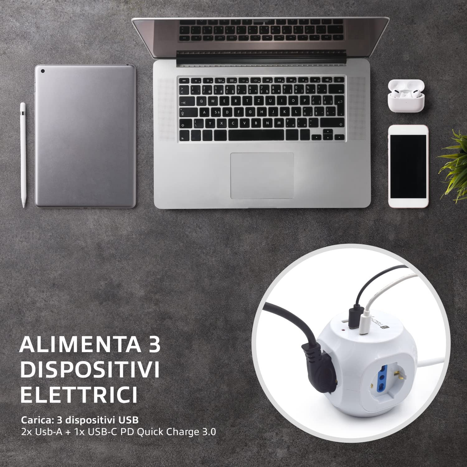 Multipresa a Cubo 3 Posti con 2 Porte USB-A e 1 USB-C™ QC3.0 - immagine 6