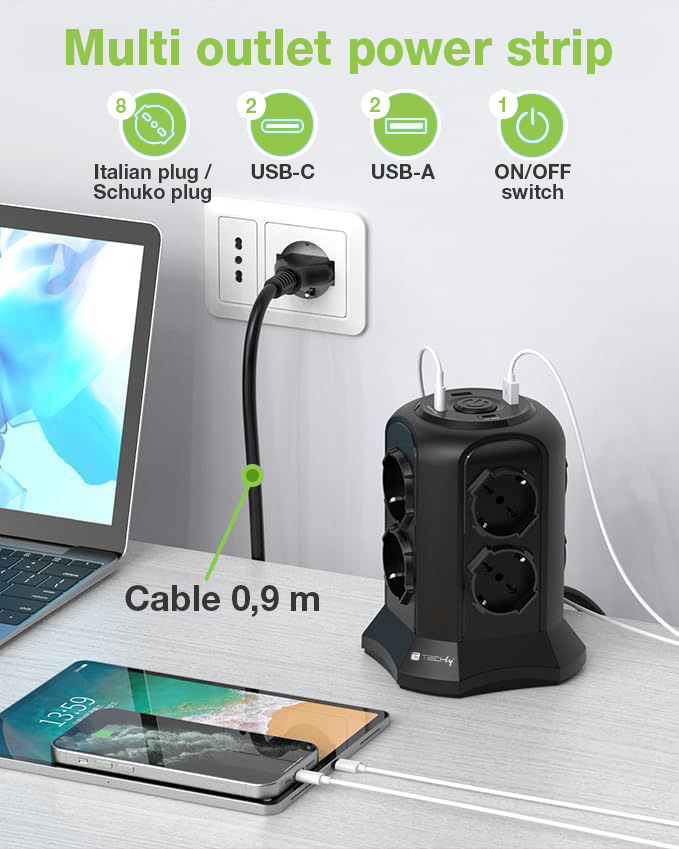 Multipresa da Tavolo a Torretta Salvaspazio 8 Prese Schuko 2 USB-A e 2 USB-C™ - immagine 6