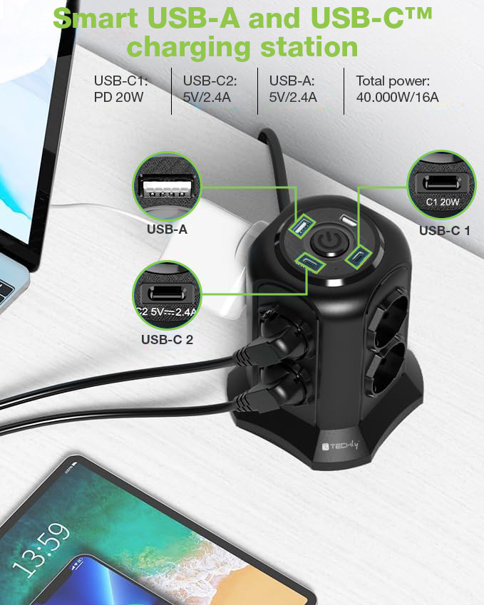 Multipresa da Tavolo a Torretta Salvaspazio 8 Prese Schuko 2 USB-A e 2 USB-C™ - immagine 8