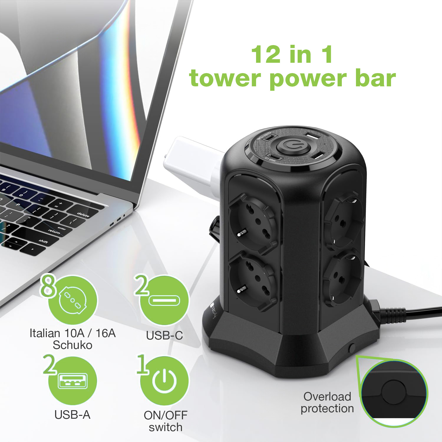 Multipresa da Tavolo a Torretta Salvaspazio 8 Prese Schuko 2 USB-A e 2 USB-C™ - immagine 5