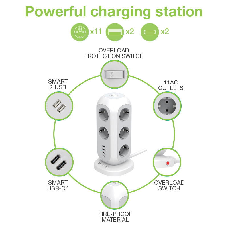 Multipresa da Tavolo Torretta di Alimentazione 11 Prese Schuko 2 USB-A e 2 USB-C™ - immagine 3