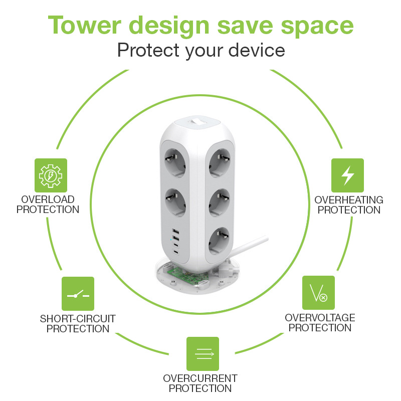 Multipresa da Tavolo Torretta di Alimentazione 11 Prese Schuko 2 USB-A e 2 USB-C™ - immagine 5
