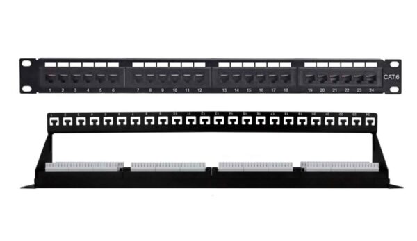 Pannello Patch UTP 24 Posti Cat.6 1U con barra gestione cavi removibile Nero