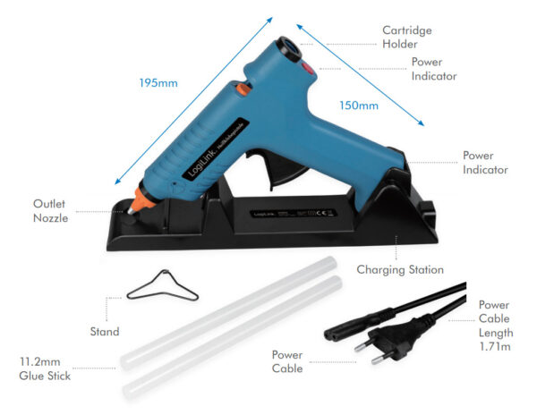 Pistola per Colla a Caldo Wireless, 80W, con supporto, blu - immagine 9