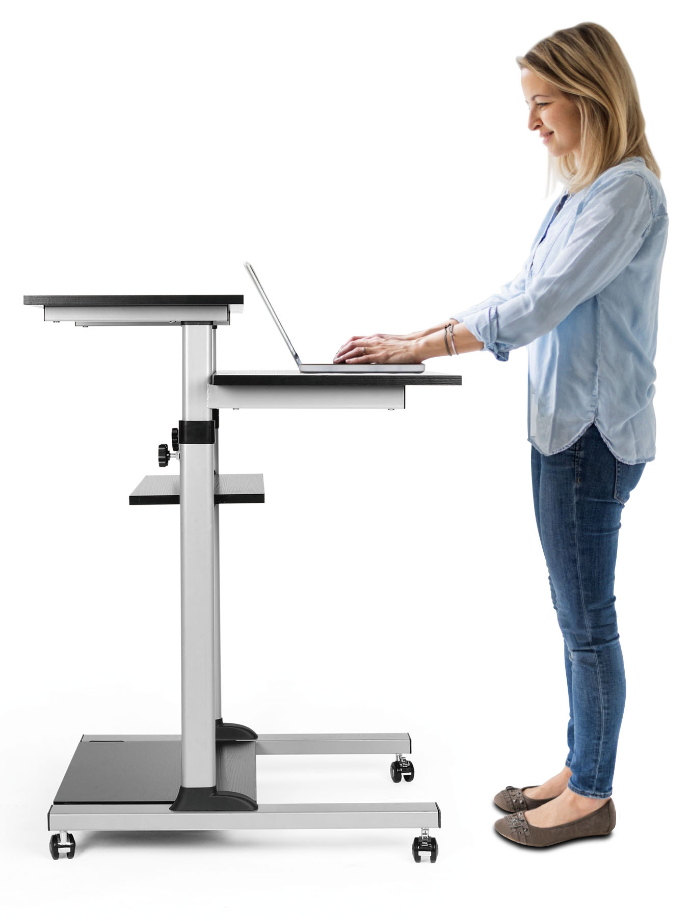 Postazione di Lavoro Carrello PC Laptop con Mensole Altezza Regolabile - immagine 5