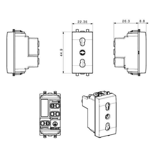 Domus S44 Presa Bipasso 2P+T 10/16A 250V 1 Modulo Bianco Lucido, 441006/15TS - immagine 2