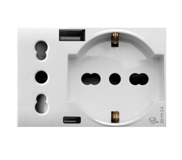 Domus S44 Presa Schuko Presa Italiana USB-A e USB-C™ 2P+T 10/16A 250V 3 Moduli Bianco Lucido, 44109015USB