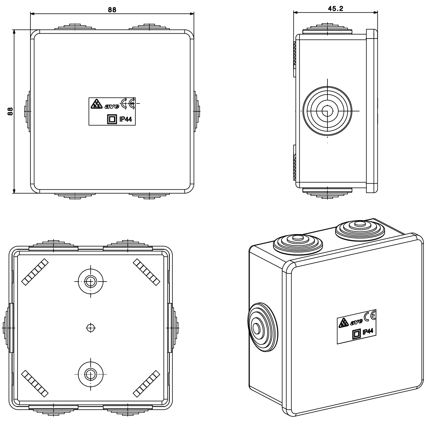 Scatola Quadrata IP44 di Derivazione da Parete con Passacavi - immagine 2