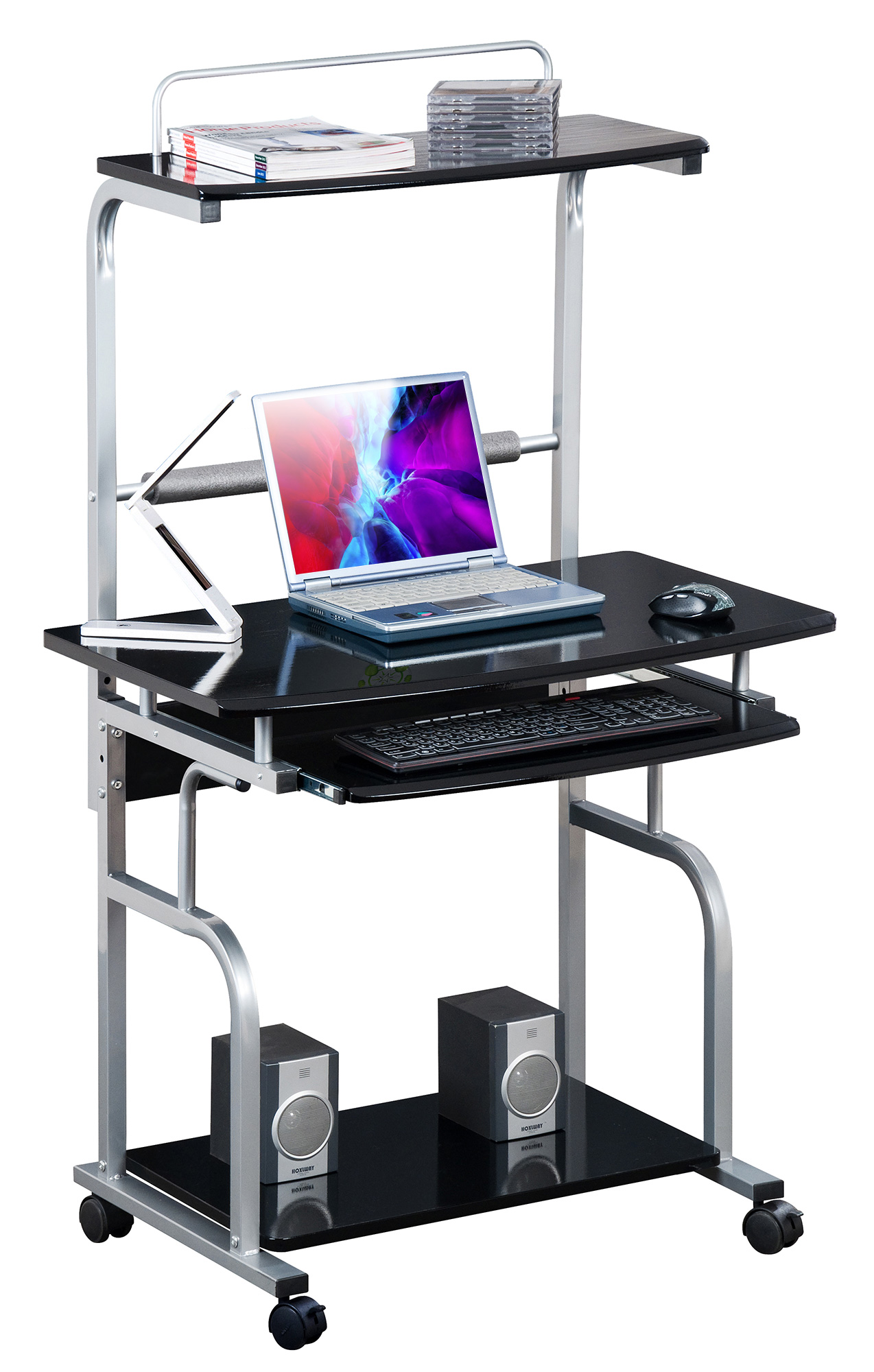 Scrivania Mobile per PC Stampante con Tastiera Estraibile Nero Lucido - immagine 2