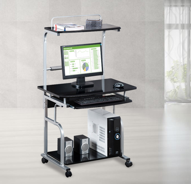 Scrivania Mobile per PC Stampante con Tastiera Estraibile Nero Lucido - immagine 5