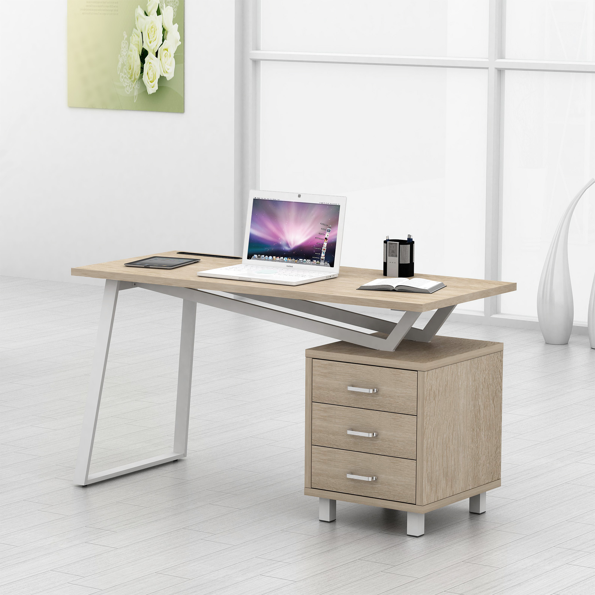 Scrivania per Computer dal Design Moderno con Tre Cassetti Quercia - immagine 3