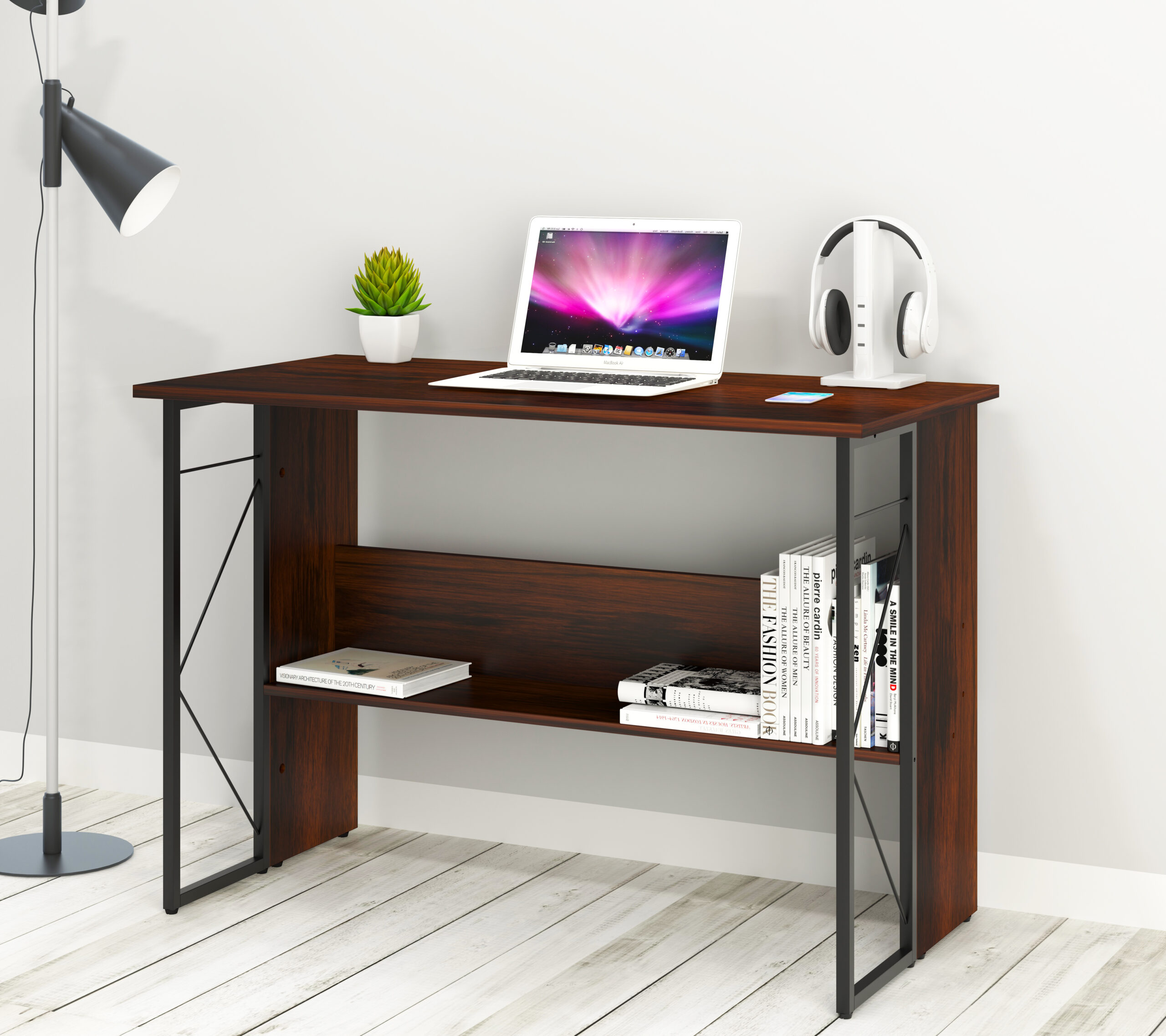 Scrivania per Computer Scrittoio Salvaspazio in Stile Industriale con Struttura Acciaio e Legno Marrone - immagine 5