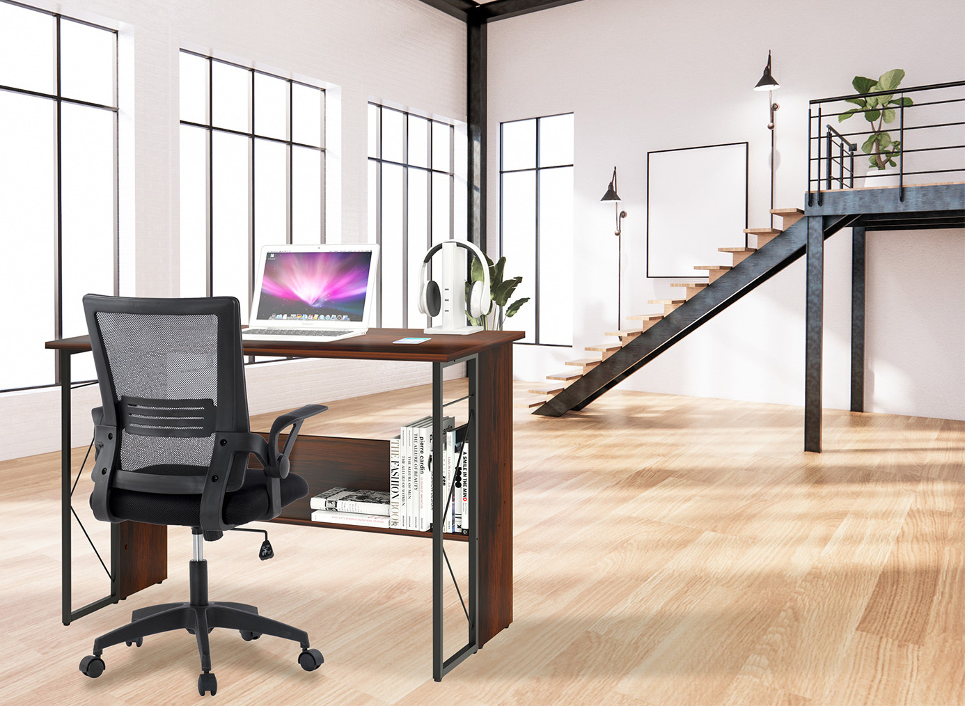 Scrivania per Computer Scrittoio Salvaspazio in Stile Industriale con Struttura Acciaio e Legno Marrone - immagine 8