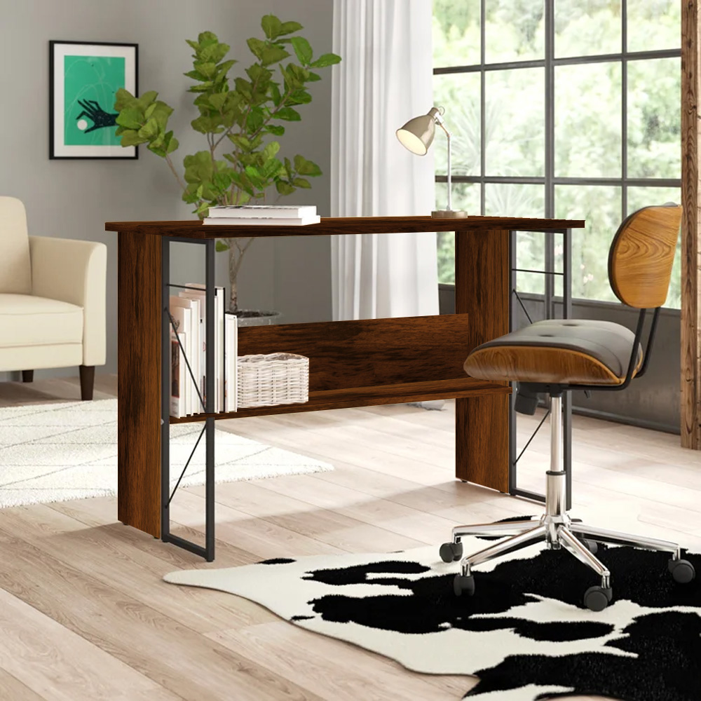 Scrivania per Computer Scrittoio Salvaspazio in Stile Industriale con Struttura Acciaio e Legno Marrone - immagine 2