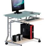 Scrivania per PC Compatta in Metallo e Vetro con Ruote