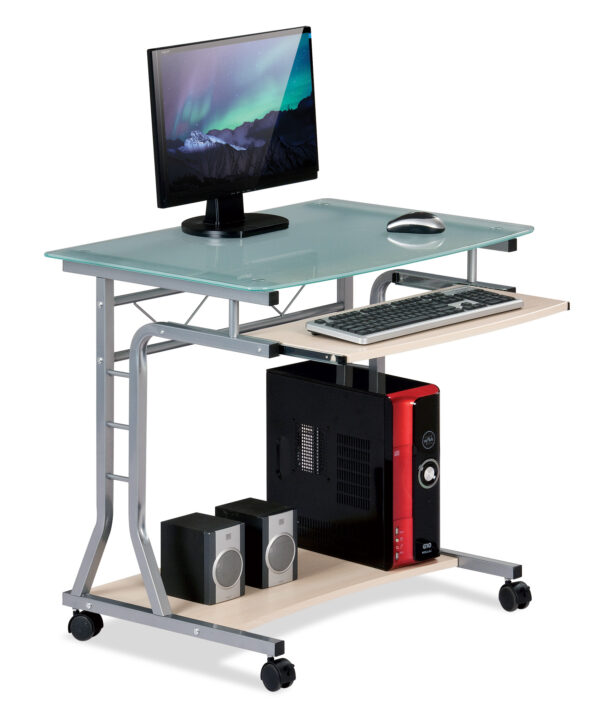 Scrivania per PC Compatta in Metallo e Vetro con Ruote