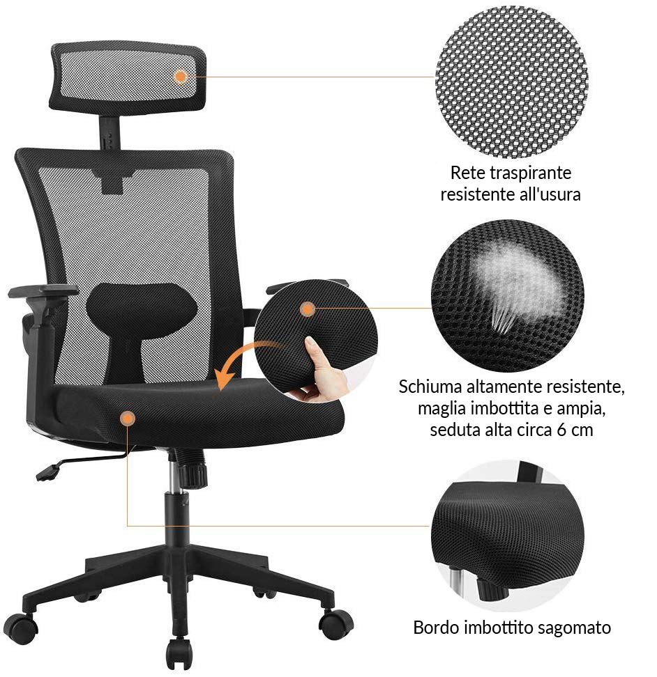 Sedia per Ufficio con Schienale Alto e Poggiatesta Regolabile Nero - immagine 9