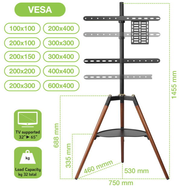 Supporto a Pavimento Cavalletto Tripod per TV LCD/LED/Plasma 32-65'' con Mensola - immagine 7