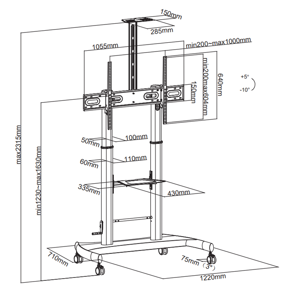 Supporto a pavimento per TV con regolazione manuale altezza, in acciaio, per TV da 60'' a 100'' - immagine 2