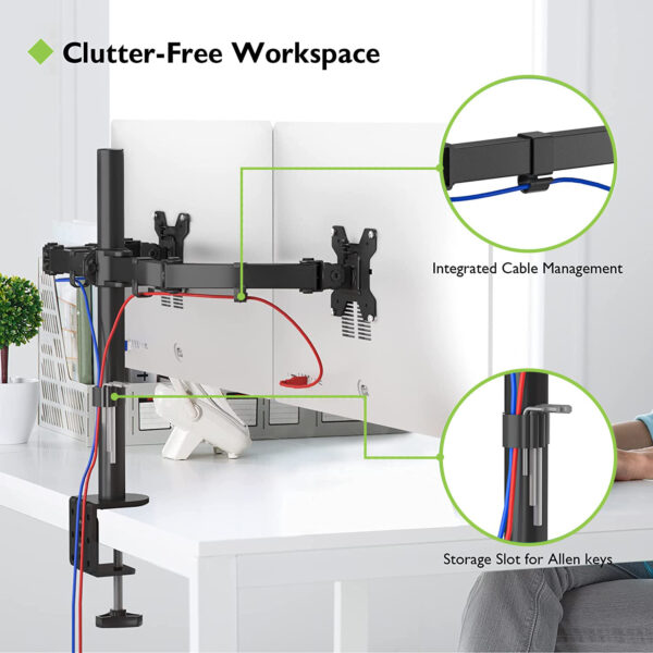 Supporto da Scrivania per 2 Monitor 13-27'' Installazione con Morsetto o Vite Passante - immagine 7