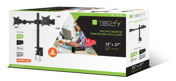 Supporto da Scrivania per 2 Monitor 13-27'' Diametro 48 mm ad Altezza Regolabile con Morsetto a C - immagine 2